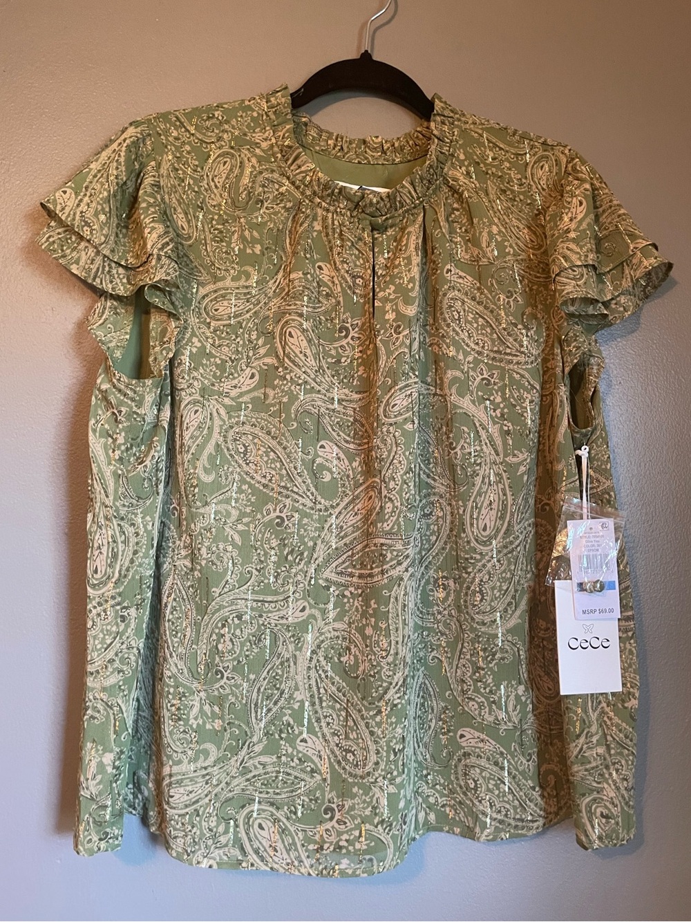 NWT CeCe Sz XL Women’s Green Glitter Flutter Sleeve Crewneck Blouse Top Ret $69! - Picture 4 of 16